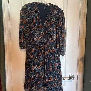J.B.S. Navy Paisley Floral Long Sleeve Dress with Rust Accents